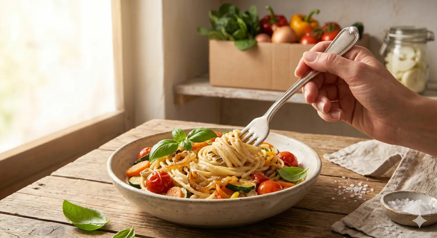 Pasta mit karamellisierten Zwiebeln und Gemüse